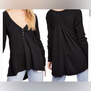 Free People Black Waffle Knit Thermal Flowy Long Sleeve Tunic Top